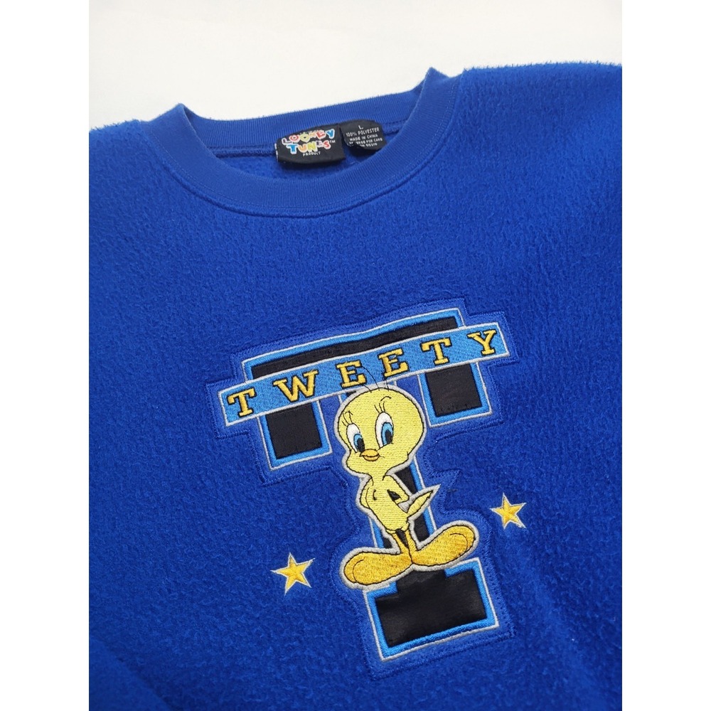 Vtg 90s Tweety Bird Looney Tunes Sweatshirt Mens Large Blue Embroidered Soft